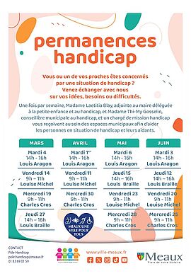 Calendrier des permanences handicap de mars à juin 2025, détail des dates disponibles sur la page web - Agrandir l'image (fenêtre modale)